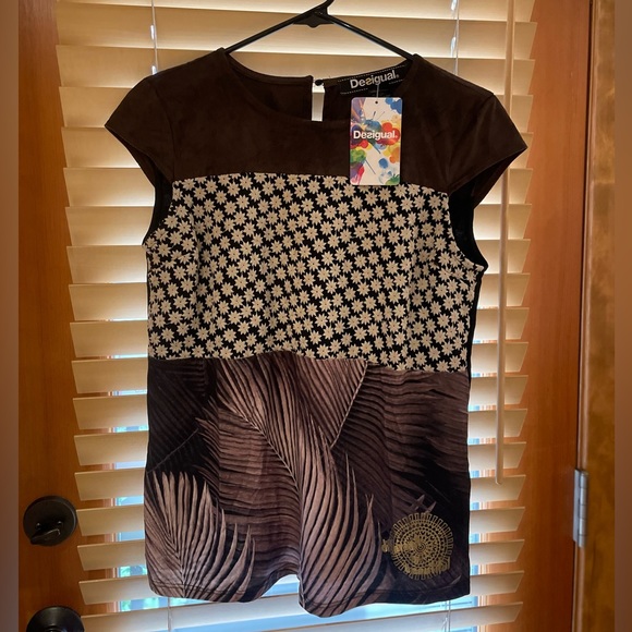 Desigual brown top shirt with cap sleeves size Y NWT NEW with tag - Picture 1 of 12